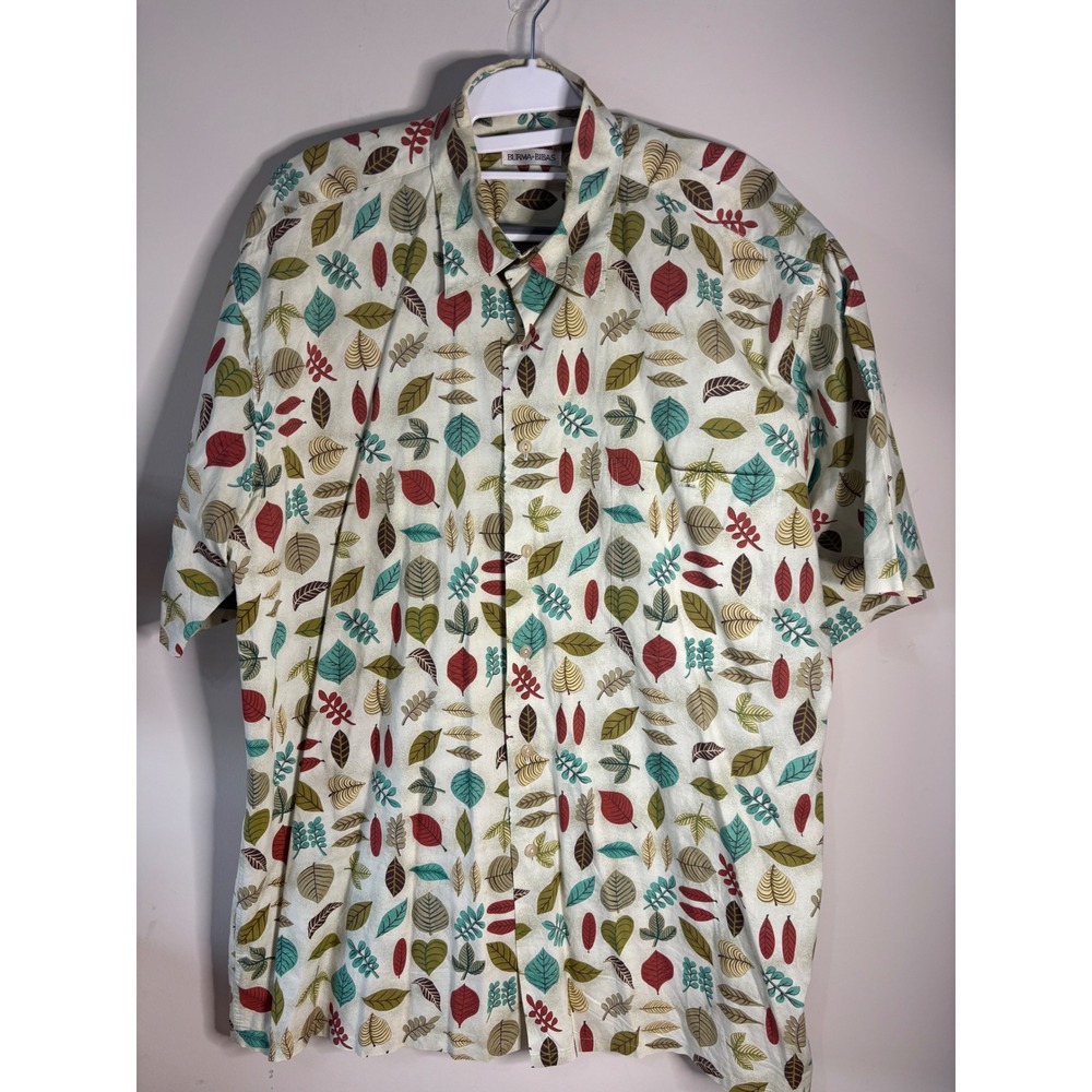 Burma Bibas Mens‎ L Cotton Lawn Leaf Print Short Sleeve Button Down Shirt Cream